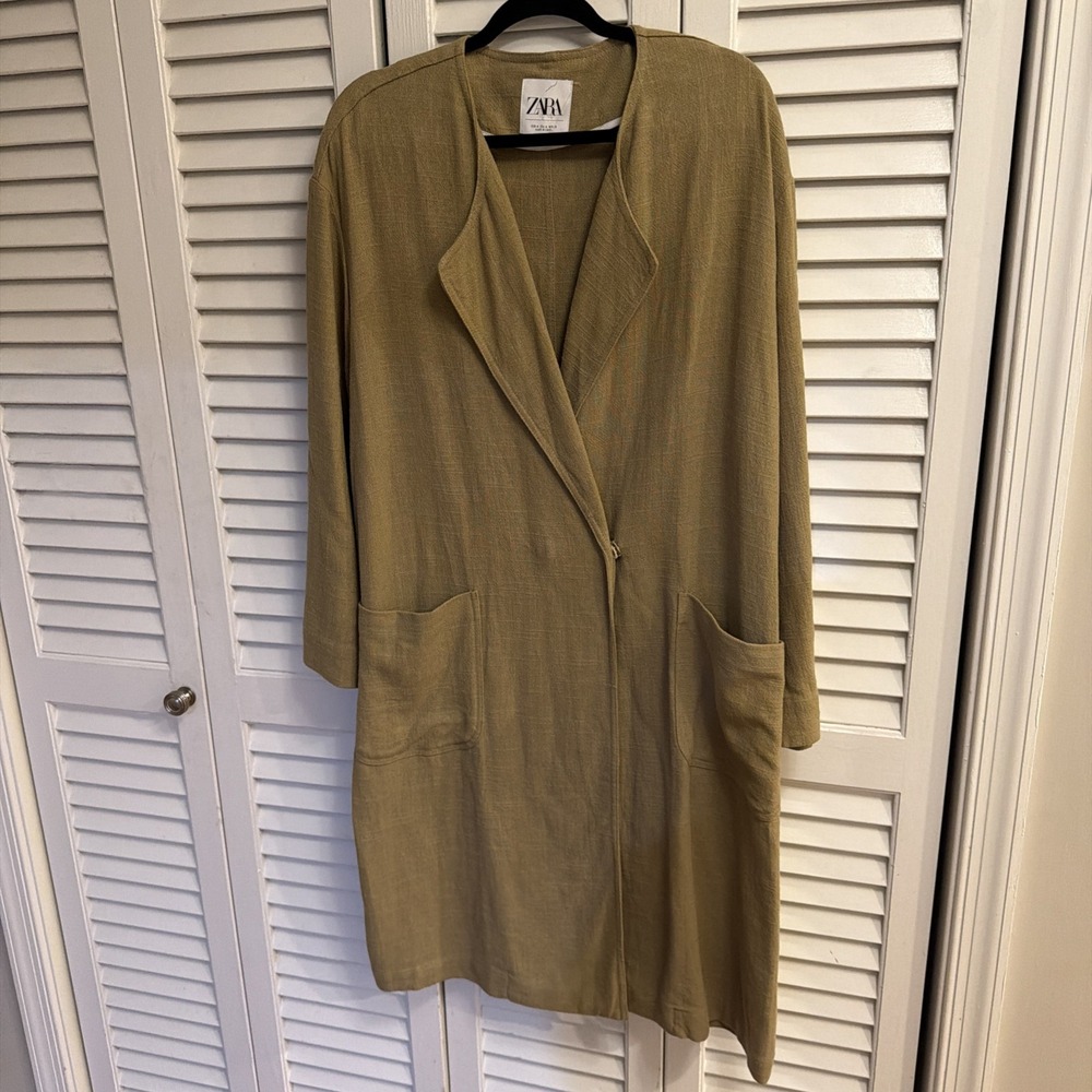 NWOT ZARA Khaki Fluid Linen Blend Longline Duster Jacket Top coat Oversized M